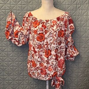 CeCe Red and White Floral Blouse